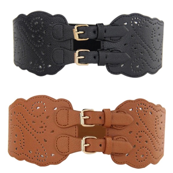 Tan Laser Cut Double Buckle Belt - Picture 1 of 8